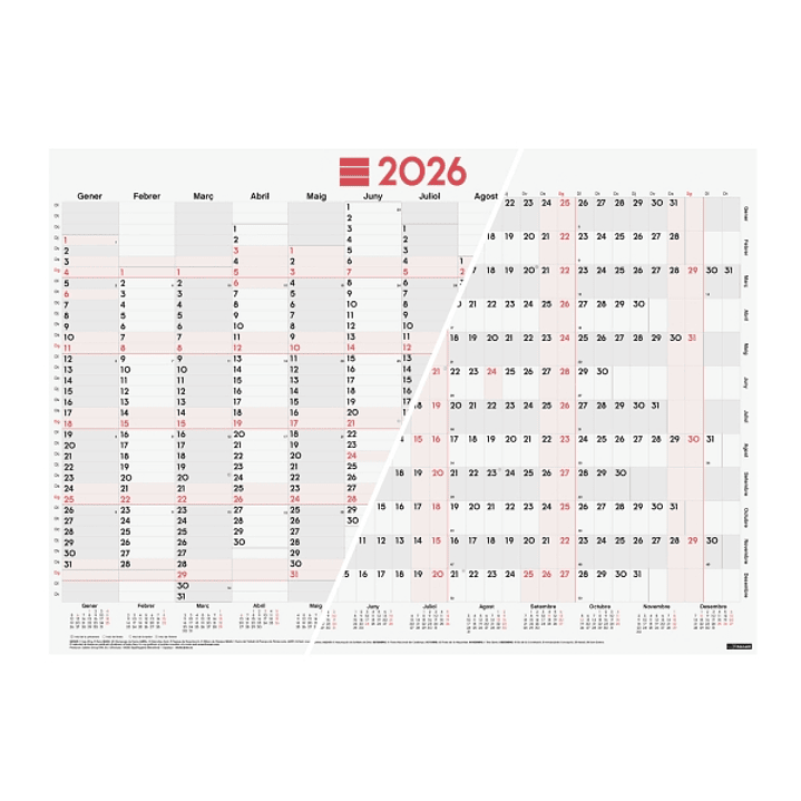 Finocam Planificador de Tipo Poster en Catalan - Anual 2026 - Espacio para Escribir - 680x485mm - Numeros Grandes - Color Blanco y Rojo 1