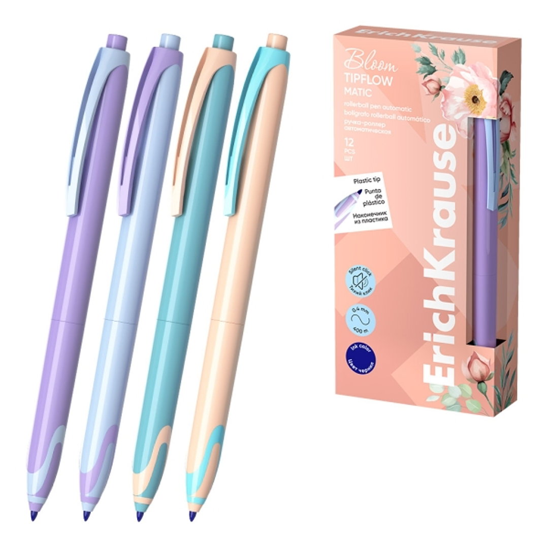 Erichkrause Bloom TipFlow Matic Pastel Boligrafo Retractil - Punta de Bola 0.5mm - Trazo de 0.4mm - Tinta Azul - Cuerpo en Colores Pastel 1