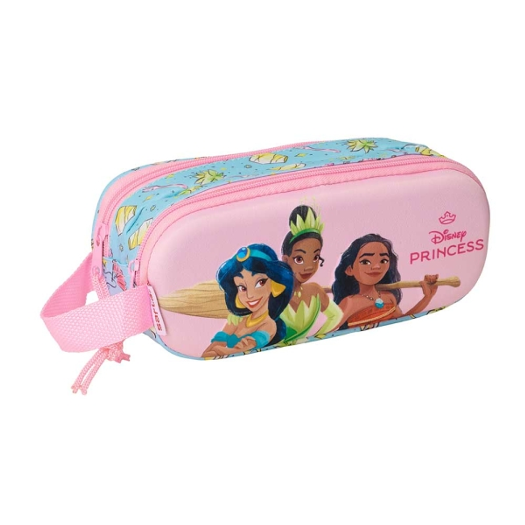 Safta Princesas Disney Estuche Portatodo 3D de 1L - 2 Compartimentos - Cierre de Cremallera - Asa de Mano - 21x8x6cm - Color Azul Claro 1