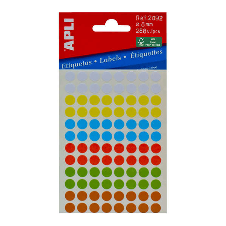Apli Minibolsa de 288 Etiquetas Redondas Ø 8mm - 3 Hojas por 96 Etiquetas - Adhesivo Permanente - Colores Surtidos 1