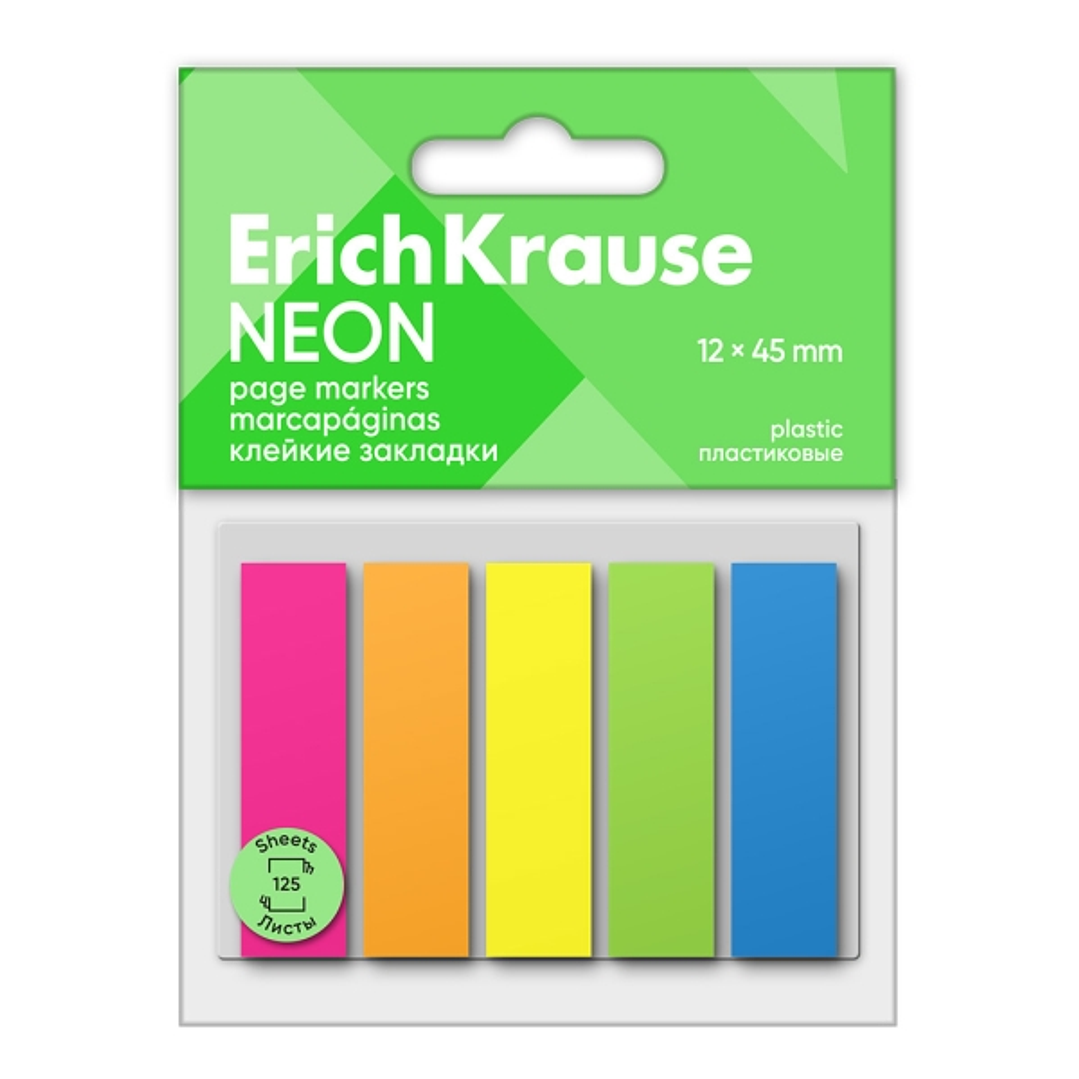 ErichKrause Pack de 5 Blocs de 25 Marcadores de Pagina de Plastico 12x45mm - Colores Amarillo, Azul, Naranja, Verde y Rosa Neon 1