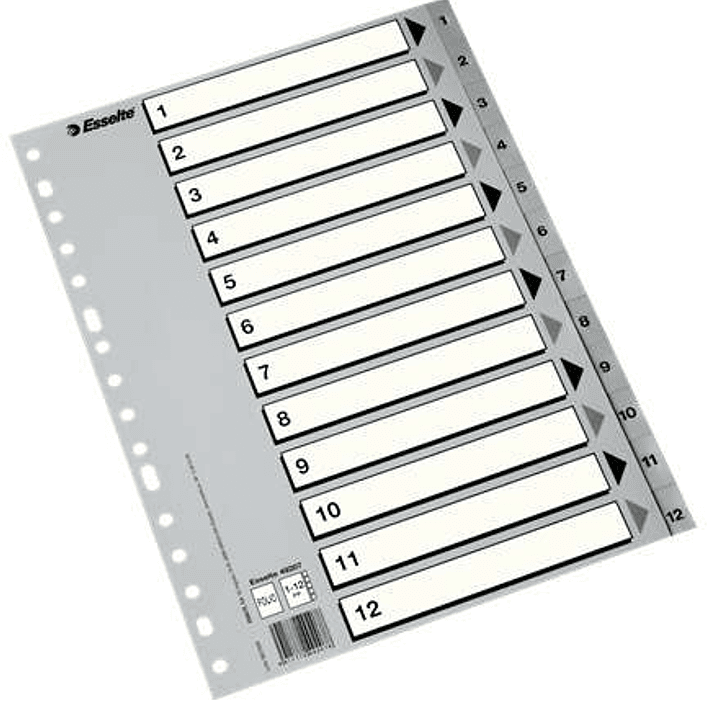 Esselte Indice Numerico de Plastico - Pestañas 1 al 12 - Multitaladro - Formato Folio - Color Gris 1