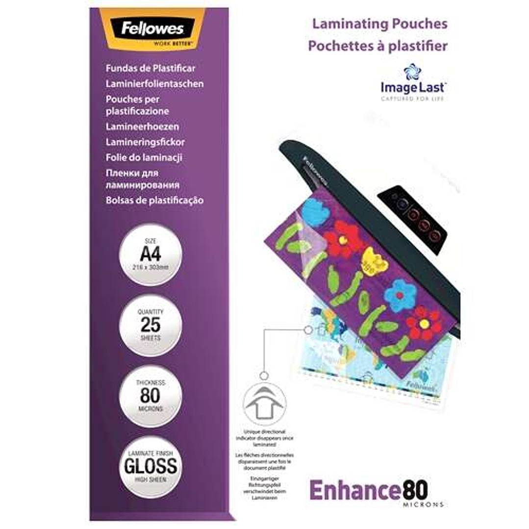 Fellowes Pack de 25 Fundas para Plastificar Brillo A4 - 80 Micras - Alta Calidad - Transparente 1