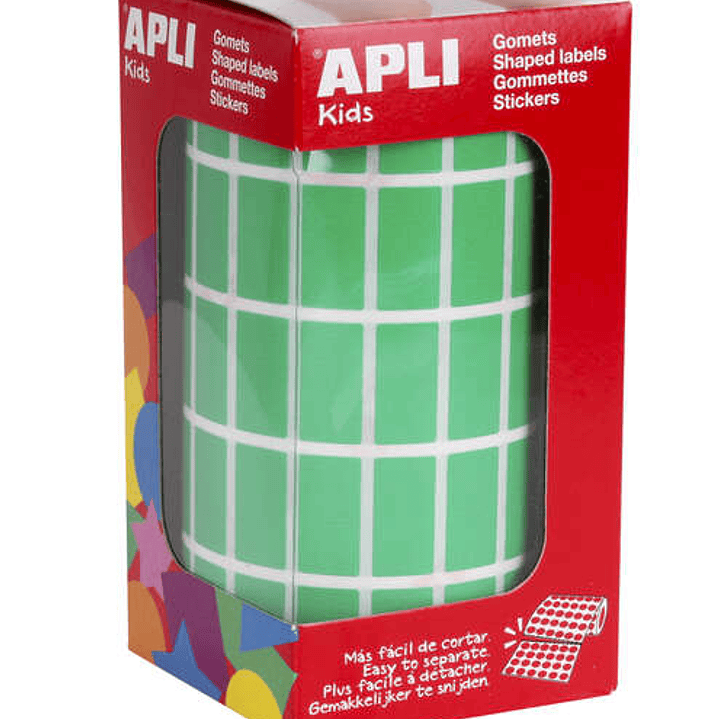 Apli Gomets Rectangulares Verdes - 20x10mm - 59 Hojas Pretroqueladas - 3540 Gomets por Rollo - Ideal para Actividades Infantiles - Cumple Normas EN-71 1