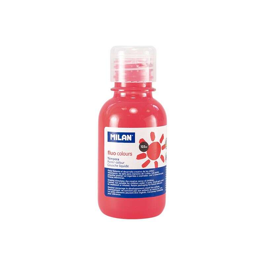 Milan Botella de Tempera 125ml - Tapon Dosificador - Secado Rapido - Mezclable - Color Coral Fluo 1