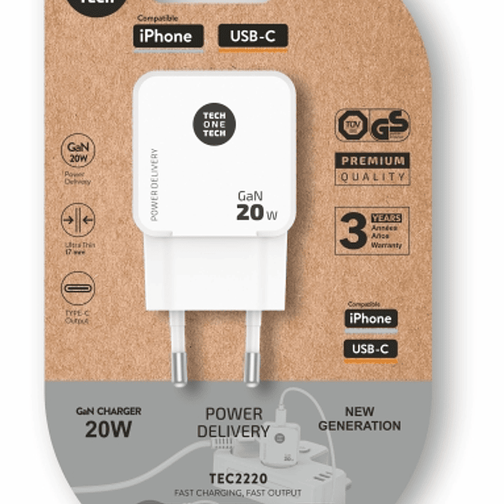 TechOneTech Cargador de Pared Ultrarrápido GaN 20w USB-C Blanco 1