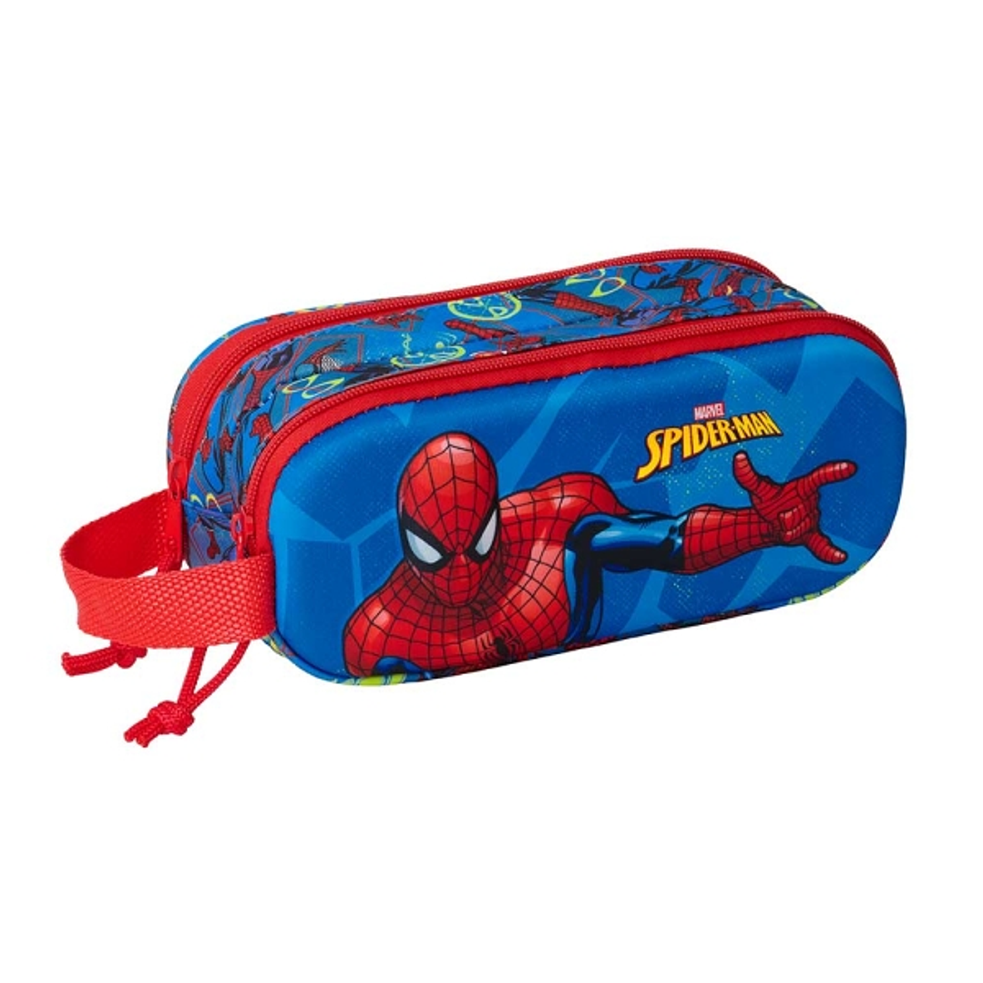 Safta Spider-Man Estuche Portatodo 3D de 1L - 2 Compartimentos - Cierre de Cremallera - Asa de Mano - 21x8x6cm - Color Rojo y Azul 1