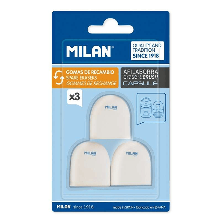 Milan Pack de 3 Gomas de Borrar de Recambio para Afilaborras CAPSULE - Miga de Pan - Suave - Caucho Sintetico - Color Blanco 1