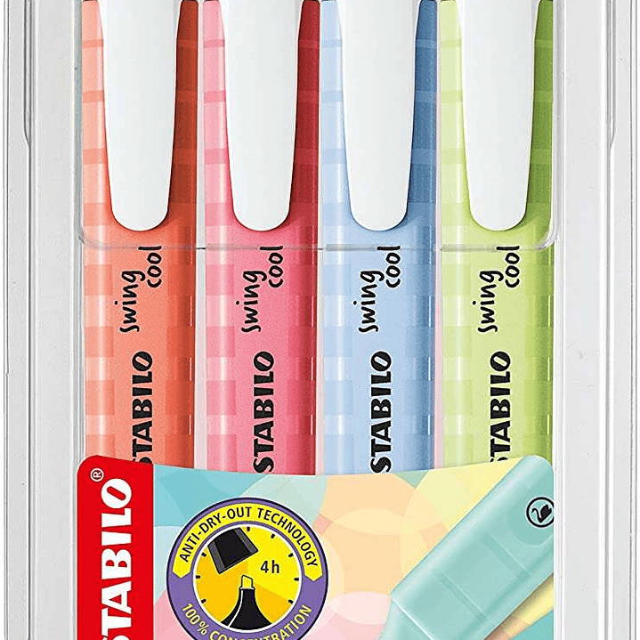Stabilo Swing Cool Pastel Pack de 4 Marcadores Fluorescentes - Cuerpo Plano - Punta Biselada - Trazo entre 1 y 4mm - Tinta con Base de Agua - Colores  1