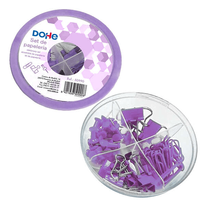 Dohe Combo Ovni Pack de Accesorios de Escritorio - 12 Pinzas de 15mm, 5 Pinzas de 19mm, 50 Clips de 28mm y 30 Push Pins de 22mm - Color Morado 1