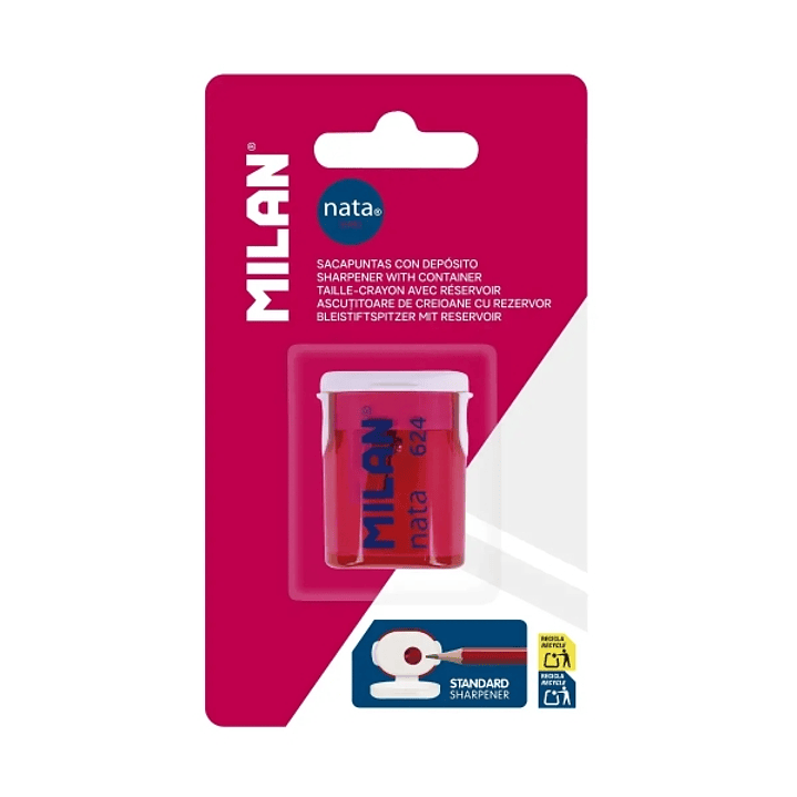 Milan Nata® 624 Sacapuntas con Deposito - Cuchilla de Acero - Color Rosa/Blanco 1
