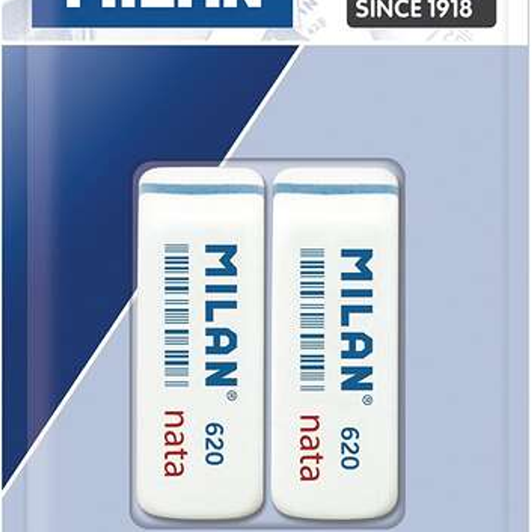 Milan Nata 620 Pack de 2 Gomas de Borrar Biseladas - Plastico - Suave - No Abrasiva - Color Blanco 1