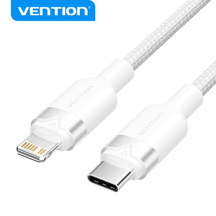Vention Cable de Carga USB-C/Lightning - Aluminio Trenzado - 480Mbps - 3A - 27W Max - 2m - Color Blanco 1
