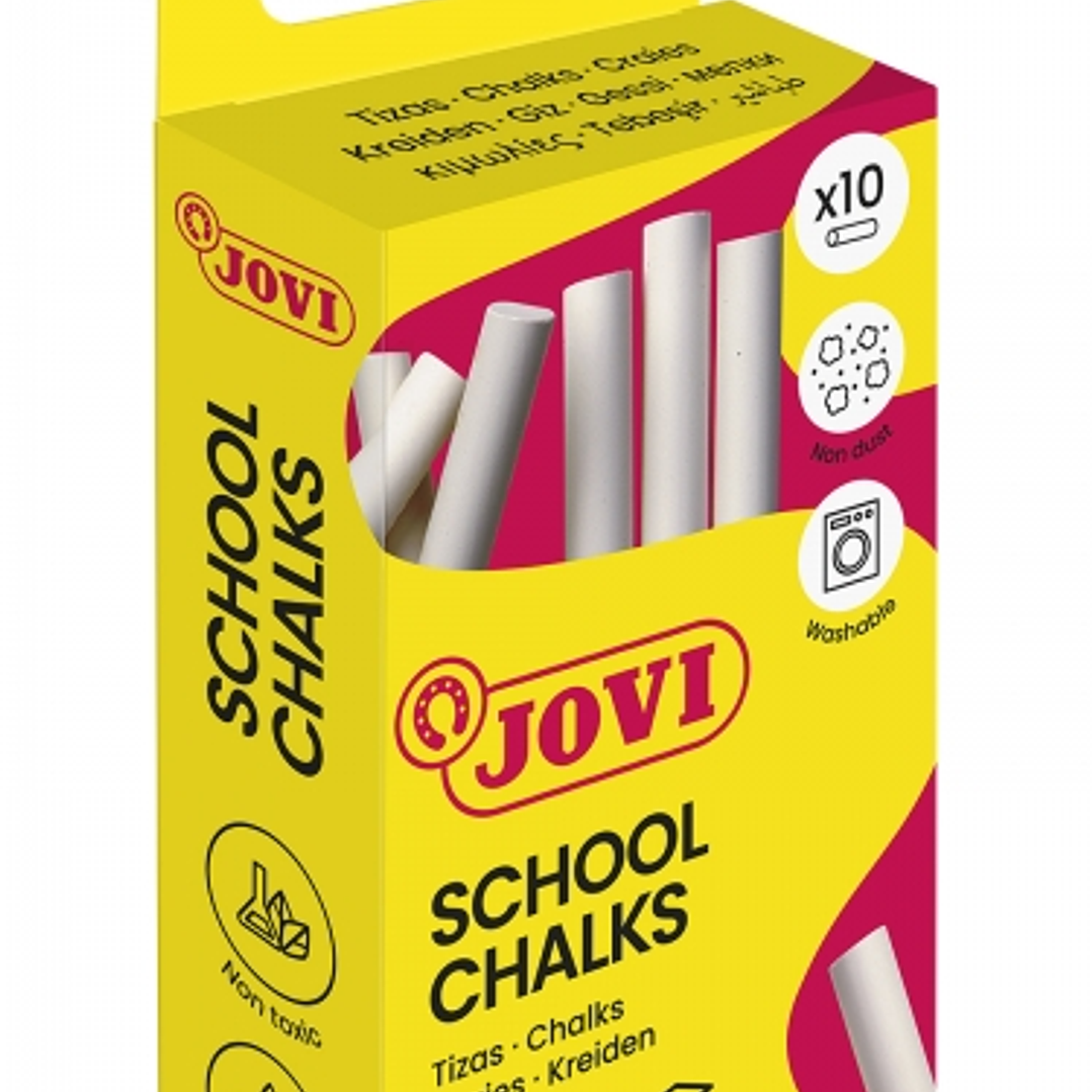 Jovi School Chalks Caja con 10 Tizas Blancas - Compactas - sin Polvo - Materias Primas Naturales - Trazos Nitidos - Faciles de Borrar - Muy Resistente 1