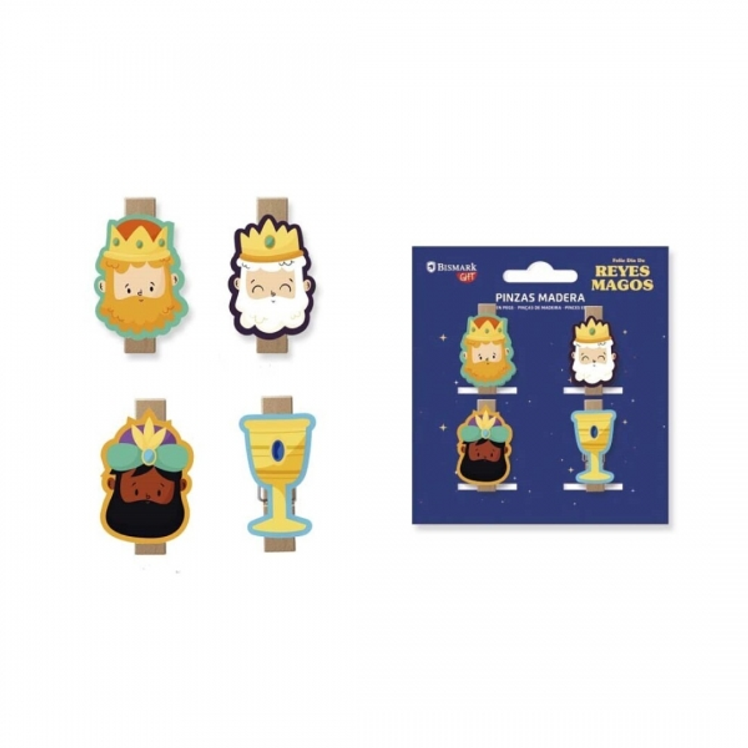 Bismark Pack de 4 Pinzas de Madera Decoradas con Reyes Magos 1