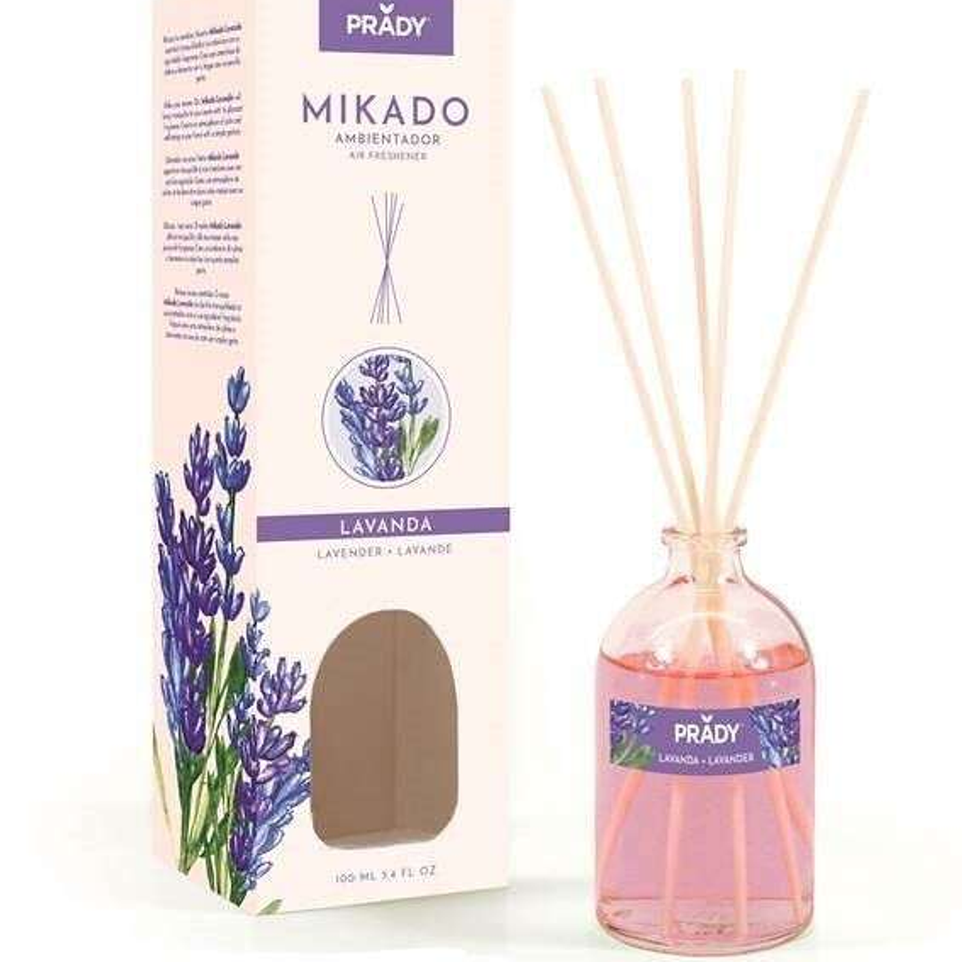 Prady Ambientador Mikado Lavanda - Frasco de Cristal 100ml y Varitas Difusoras 1