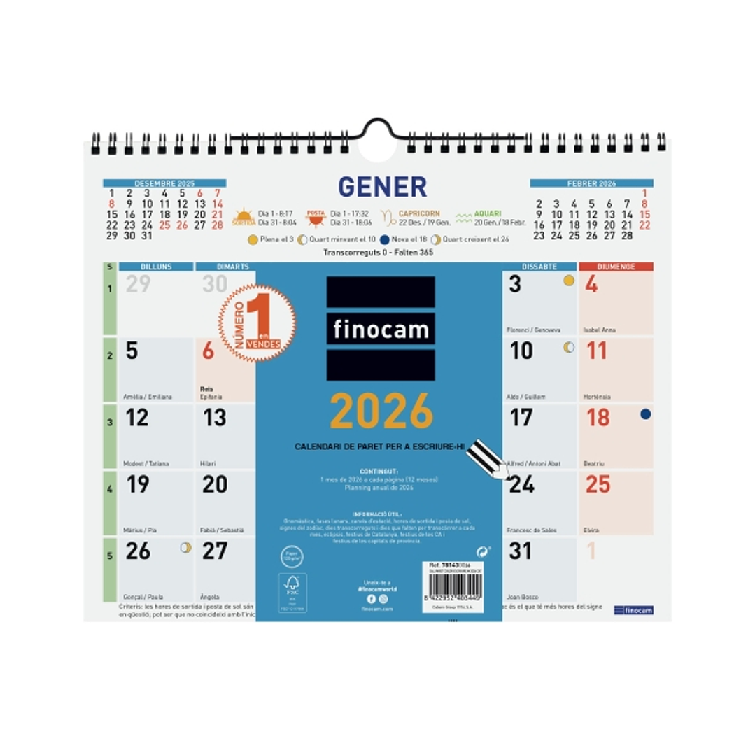 Finocam Calendario de Pared en Catalan - Anual 2026 - Formato M - 300x10x255mm - Espacio para Escribir - Color Azul y Blanco 1