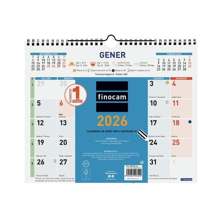 Finocam Calendario de Pared en Catalan - Anual 2026 - Formato M - 300x10x255mm - Espacio para Escribir - Color Azul y Blanco 1