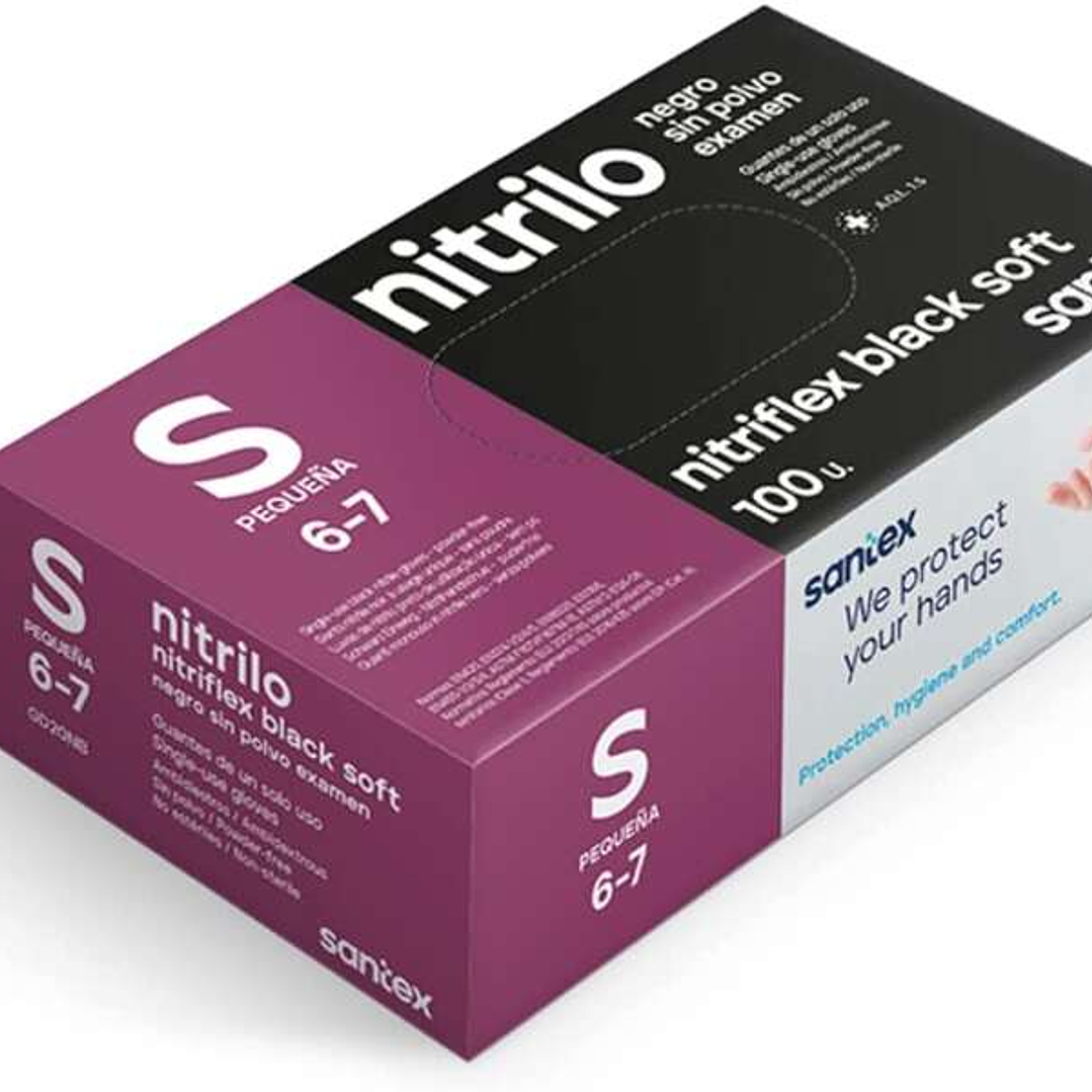 Santex Nitriflex Black Soft Pack de 100 Guantes de Nitrilo para Examen Talla S - 3.5 gramos - Sin Polvo - Libre de Latex - No Esteriles - Color Negro 1