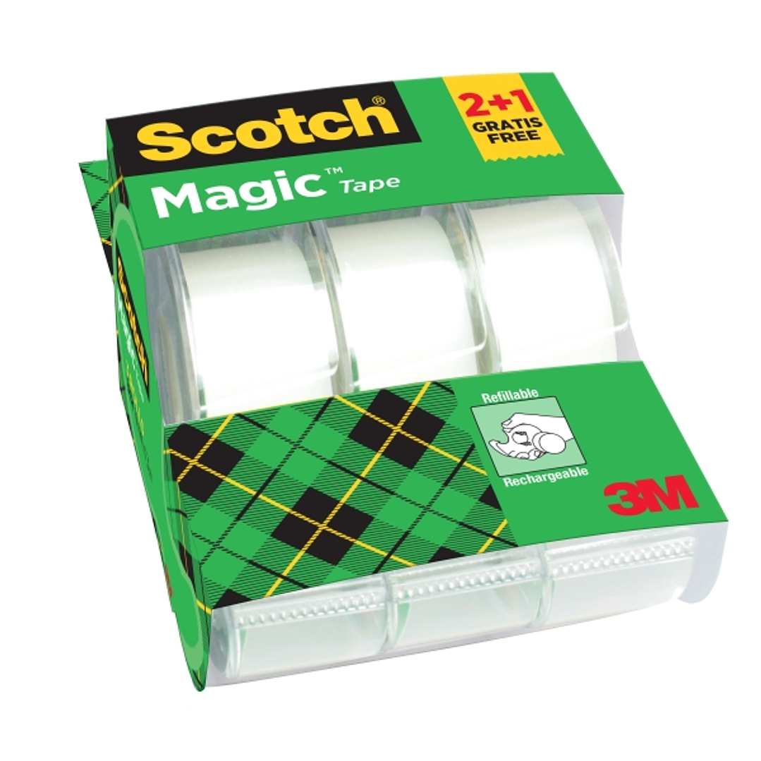 Scotch Magic Pack de 3 Cintas Adhesivas Invisibles - 19mm x 7.5m - Promocion 2 + 1 Gratis - Incluye Dispensador - Color Transparente 1