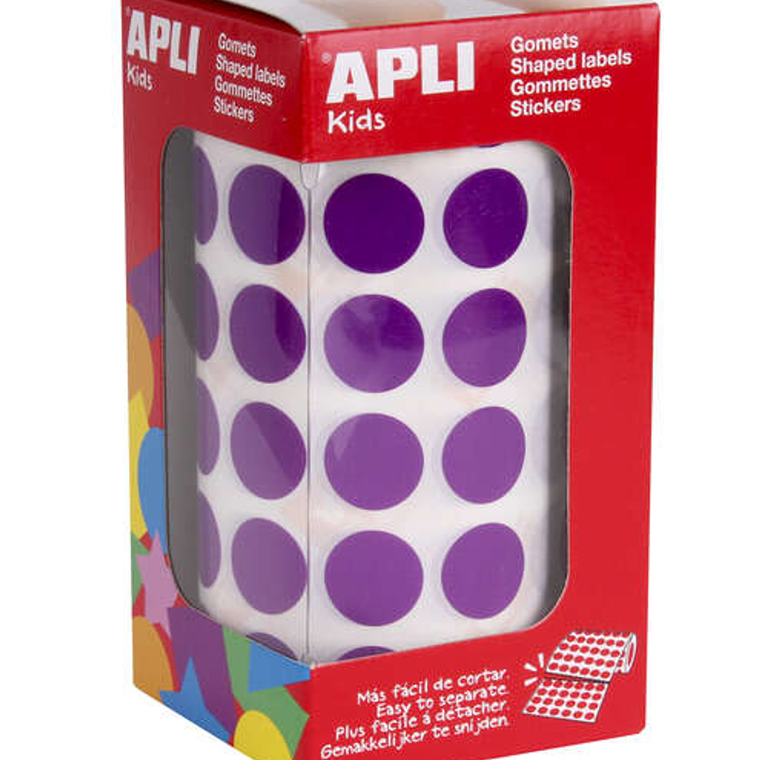 Apli Gomets Redondos Lila Ø 15mm - 59 Hojas Pretroqueladas - 2832 Gomets por Rollo - Adhesivo Base Agua - Normas EN-71 y FSC - Desarrollo de Psicomotr 1