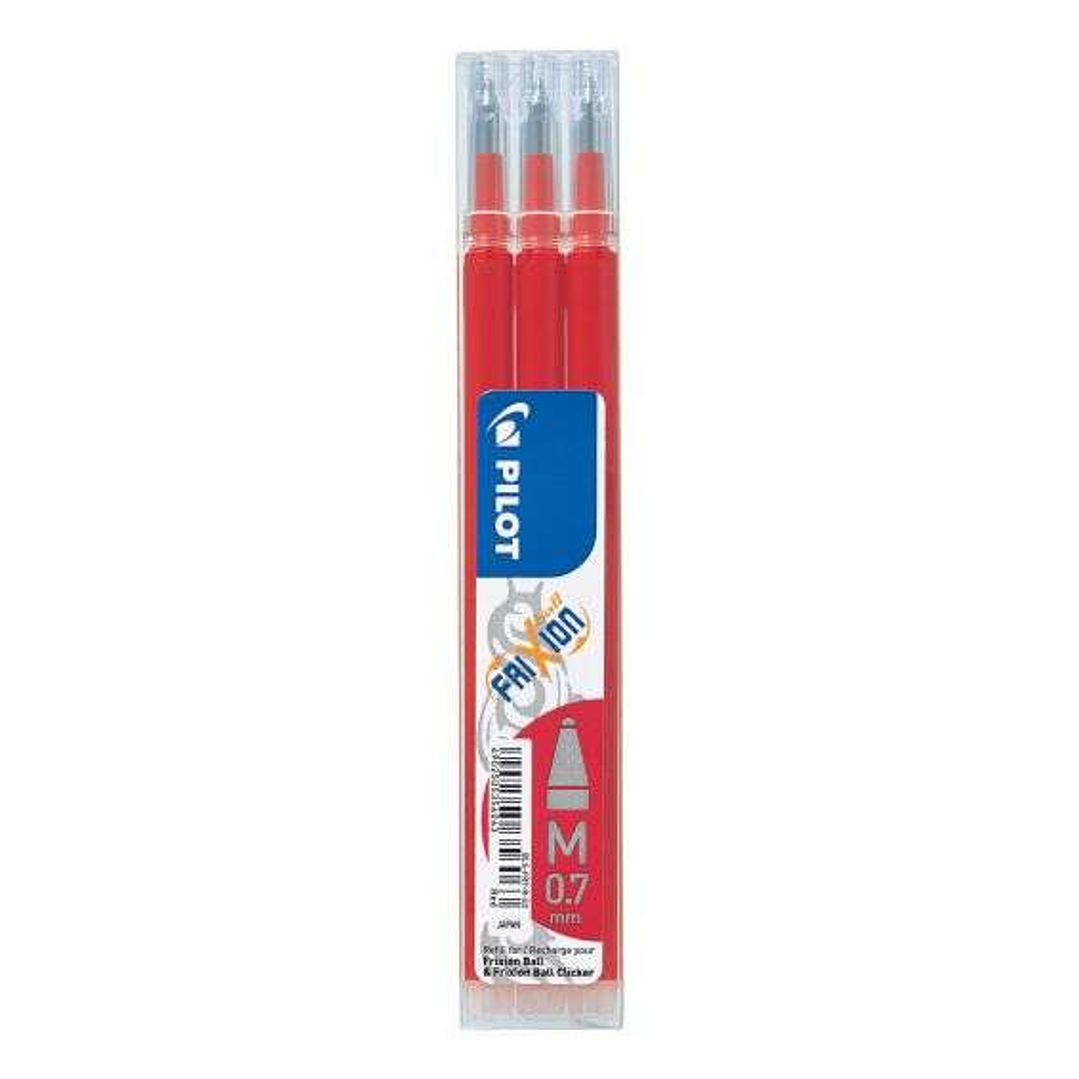 Pilot Pack de 3 Recambios para Frixion Ball / Frixion Clicker - Tinta Gel Borrable - Punta de Bola 0.7mm - Trazo 0.4mm - Color Rojo 1