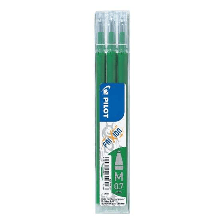 Pilot Pack de 3 Recambios para Frixion Ball / Frixion Clicker - Tinta Gel Borrable - Punta de Bola 0.7mm - Trazo 0.4mm - Color Verde 1