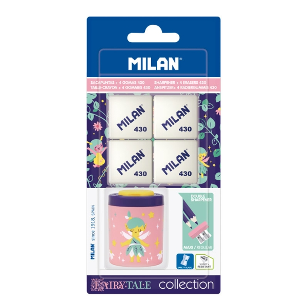 Milan Collection Fairy Tale Pack de Sacapuntas + 4 Gomas 430 - Colores Surtidos 1