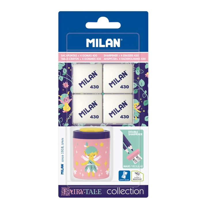 Milan Collection Fairy Tale Pack de Sacapuntas + 4 Gomas 430 - Colores Surtidos 1