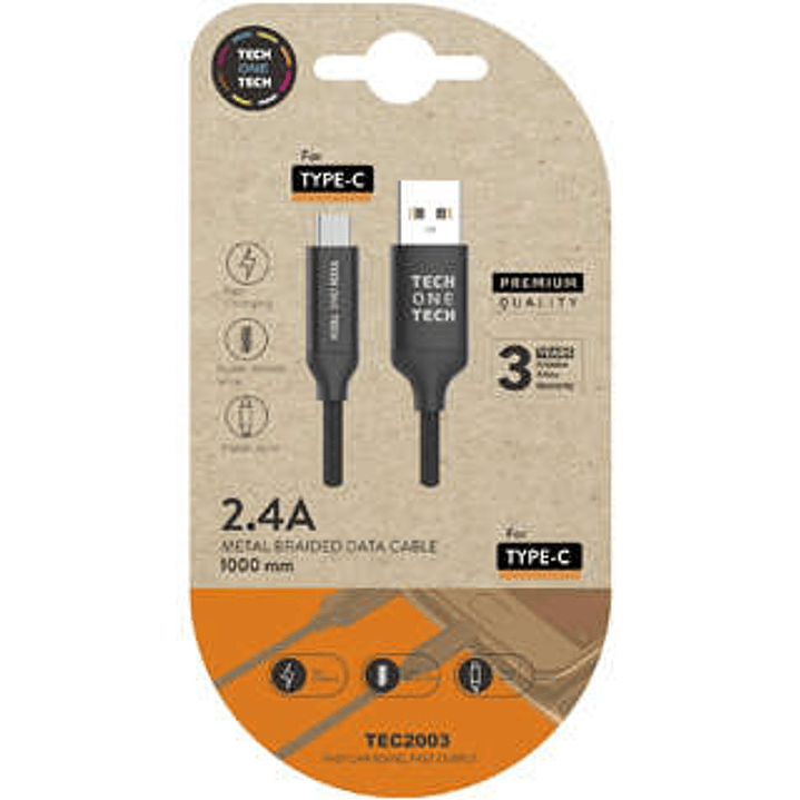 TechOneTech Cable USB-A Macho a USB-C Macho 1m - Recubierto de Nylon Trenzado 1