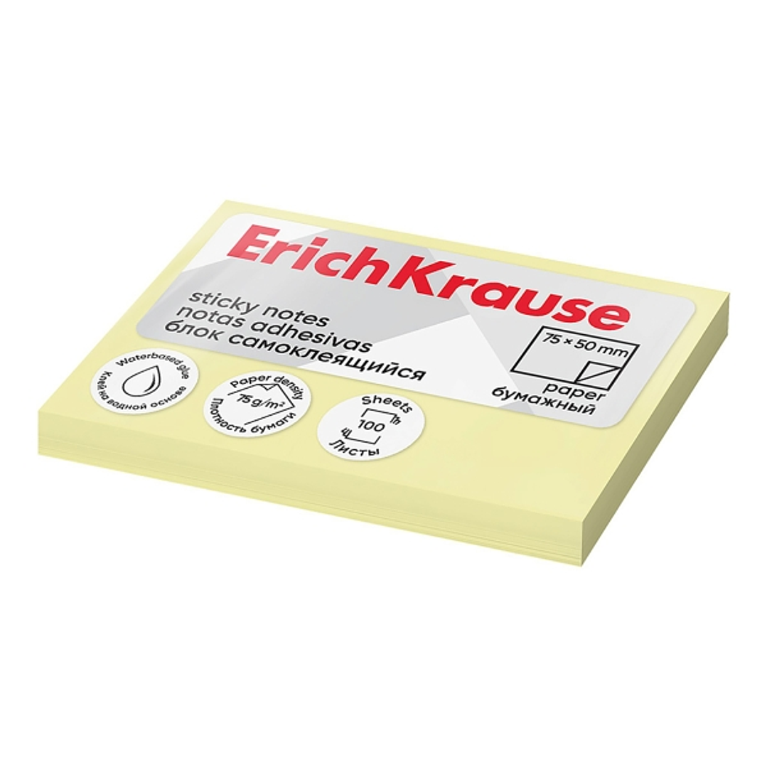 ErichKrause Bloc de 100 Notas Adhesivas 50x75mm - Removibles - Color Amarillo Claro 1