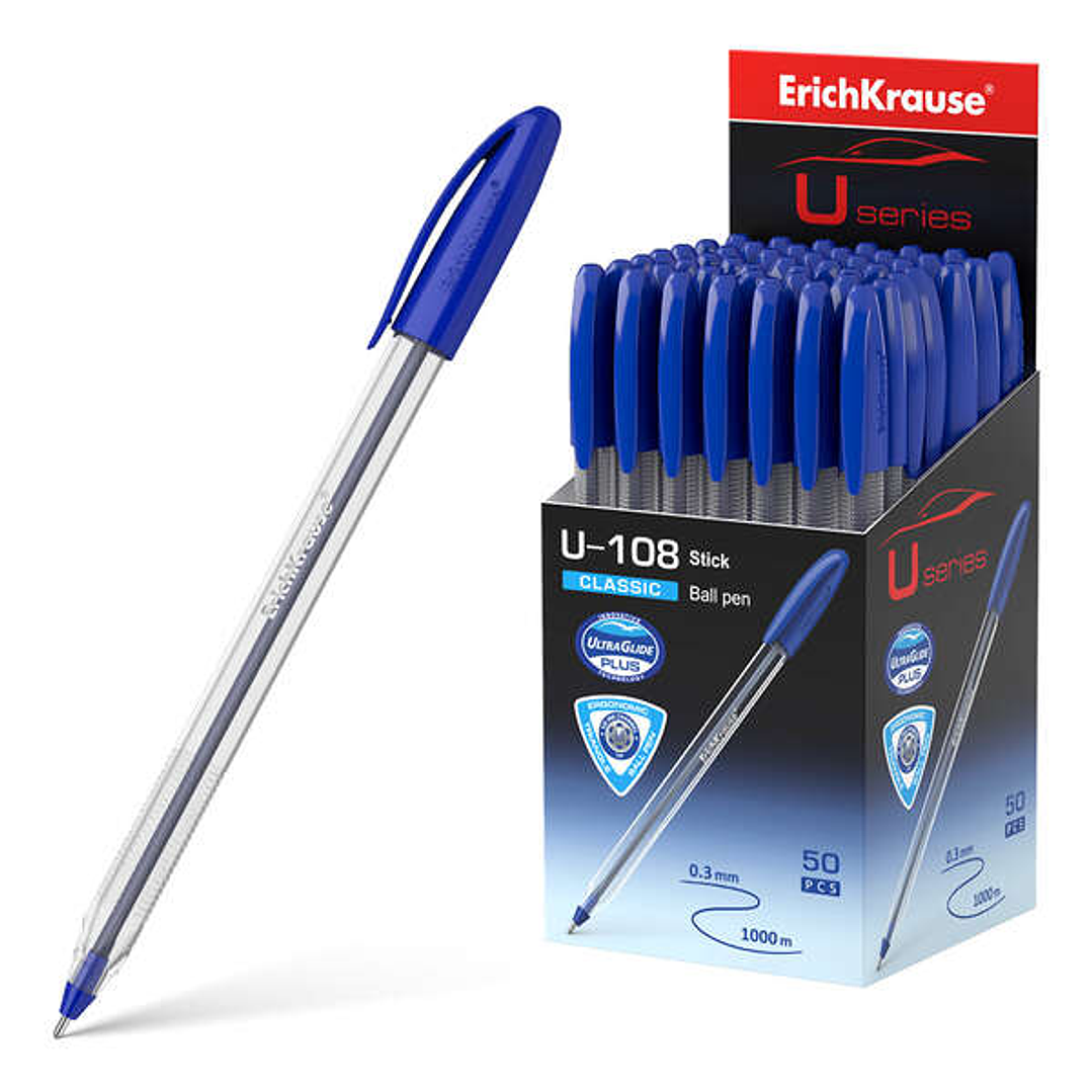 Erichkrause U-108 Boligrafo Clasico - Punta de Bola 1.0mm - Trazo de 0.3mm - Tapa Ventilada - Ultra Glide Technology - Color Azul 1