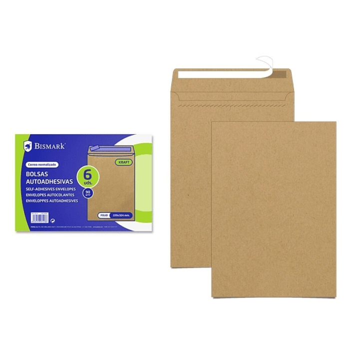 Bismark Pack de 6 Sobres de Papel Kraft 90gr - Medidas 184x261mm - Cierre Autoadhesivo - Color Marron 1