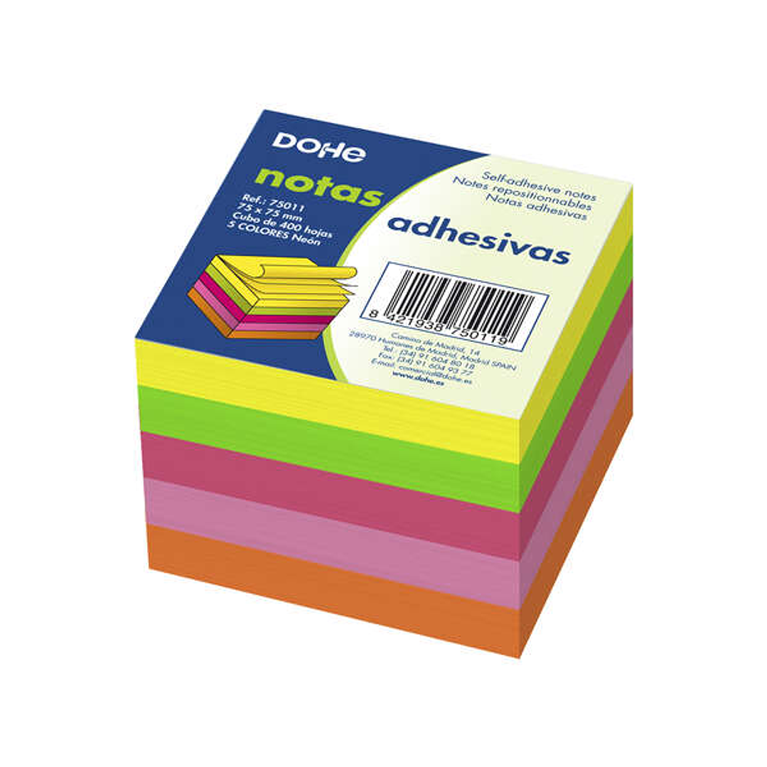 Dohe Cubo de 400 Notas Reposicionables - Tamaño 75x75mm - Papel de 75gr - Ideal para Oficina y Escuela - Colores Neon Surtidos 1