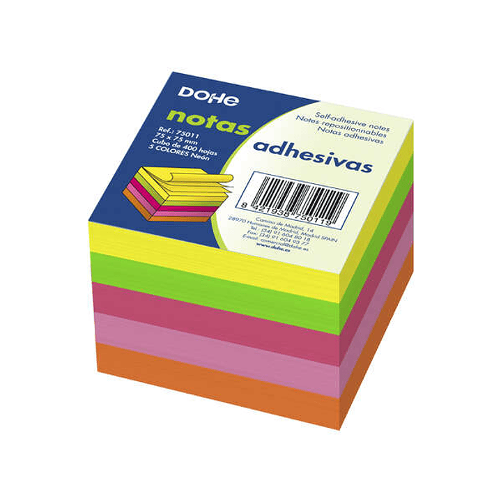 Dohe Cubo de 400 Notas Reposicionables - Tamaño 75x75mm - Papel de 75gr - Ideal para Oficina y Escuela - Colores Neon Surtidos 1