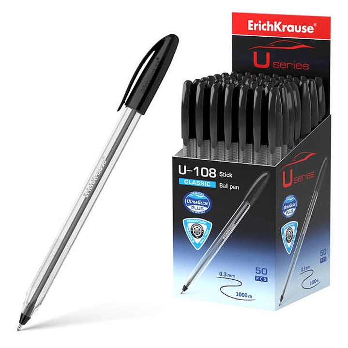 Erichkrause U-108 Boligrafo Clasico - Punta de Bola 1.0mm - Trazo de 0.3mm - Tapa Ventilada - Ultra Glide Technology - Color Negro 1