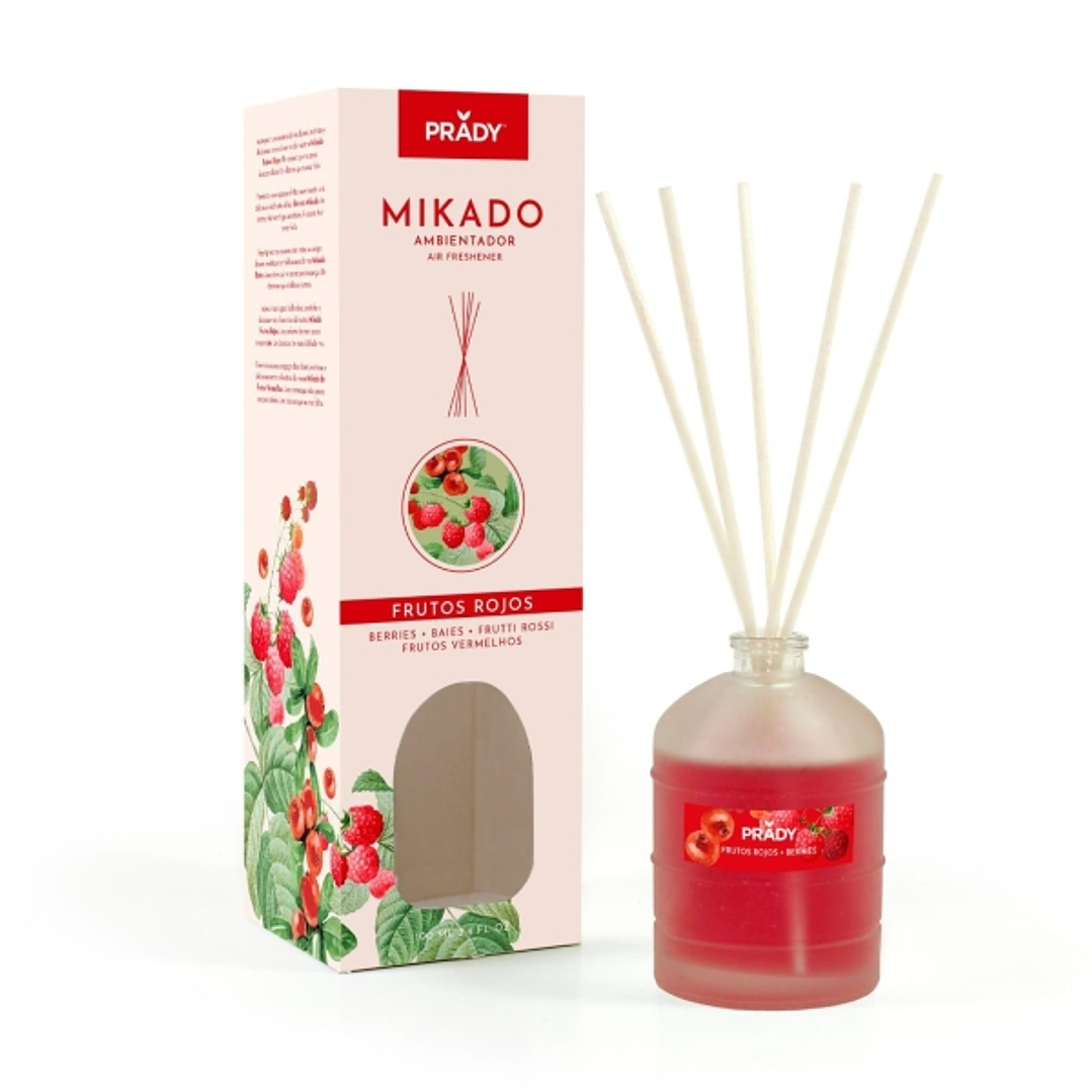 Prady Ambientador Mikado Frutos Rojos - Frasco de Cristal 100 ml y Varitas Difusoras 1