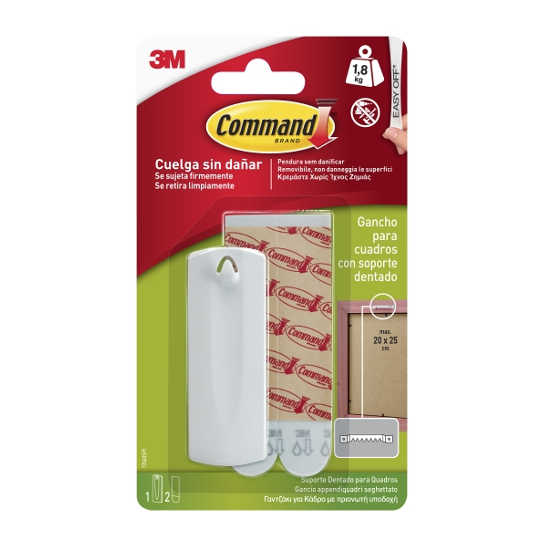 Command Gancho para Cuadros - 2 Tiras Adhesivas - Soporta hasta 1.8kg - Especial Cuadros con Soporte Dentado - Color Blanco 1