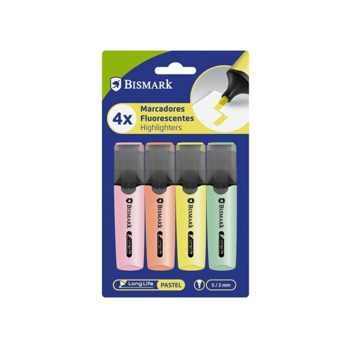 Bismark Pack de 4 Marcadores Fluorescentes - Punta Biselada 2 - 5mm Aprox - Tinta Base de Agua - Larga Duracion - Colores Pastel Surtidos 1