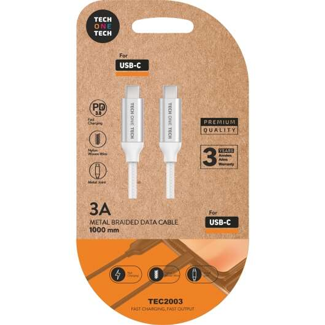 TechOneTech Cable USB-C PD 3.0 Macho a USB-C Macho 1m - Recubierto de Nylon Trenzado 1