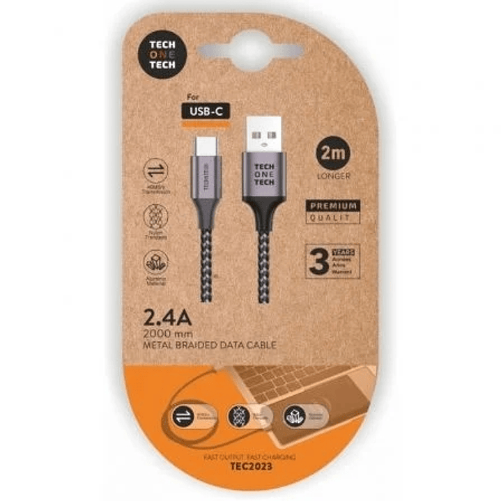 TechOneTech Cable USB-A Macho a USB-C Macho 2m - Recubierto de Nylon Trenzado 1