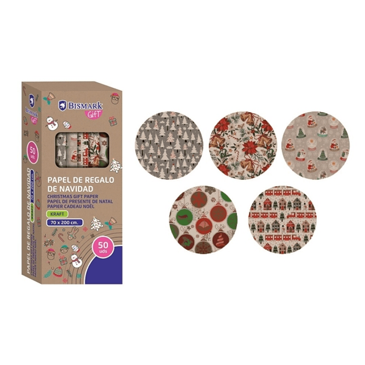 Bismark Kraft Navidad Rollo de Papel Kraft Regalo - Medidas 70cmx200cm - 5 Diseños Diferentes 1