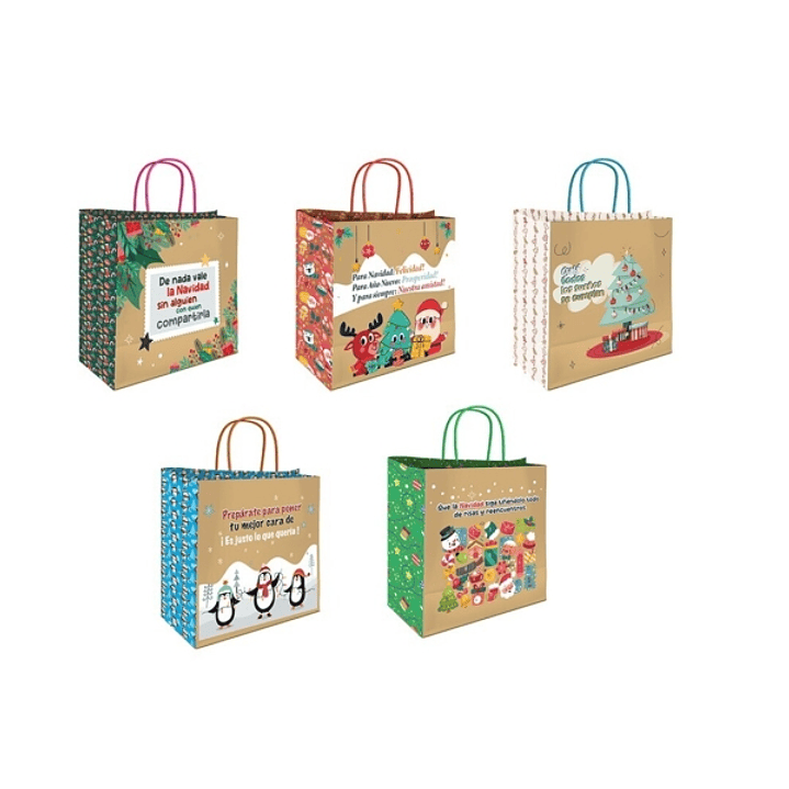 Bismark Bolsa de Papel Kraft con Mensajes Navideños - Medidas 26x8x24cm - 5 Diseños Diferentes 1