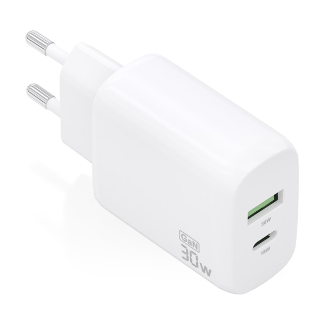 Aisens Cargador GaN 30W - 1xUSB-C PD3.0 QC4.0 - 1xUSB-A QC3.0 - Color Blanco 1