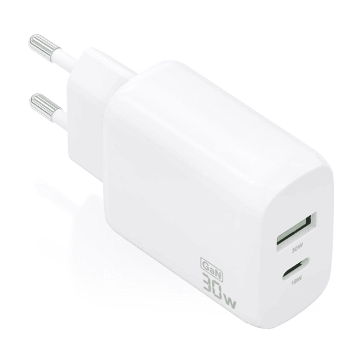 Aisens Cargador GaN 30W - 1xUSB-C PD3.0 QC4.0 - 1xUSB-A QC3.0 - Color Blanco 1