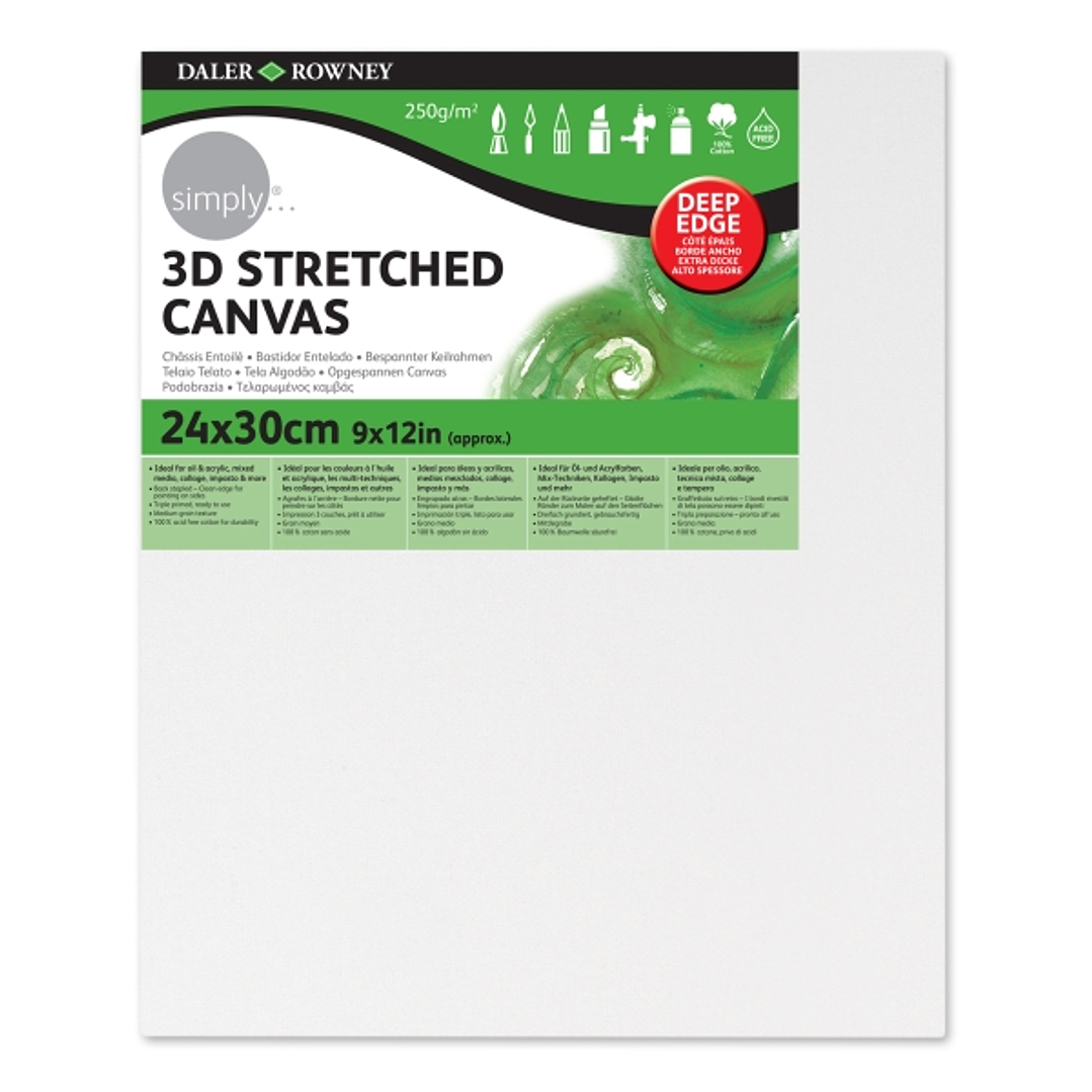 Daler Rowney Simply Bastidor Entelado 3D - 24x30cm - Imprimacion Triple - Grano Medio - 100% Algodon sin Acido - 250g - Color Blanco 1