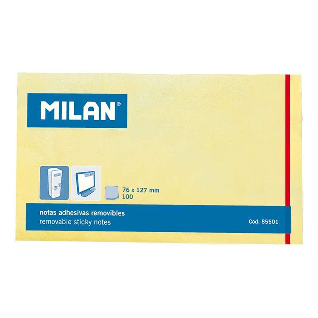 Milan Bloc de 100 Notas Adhesivas - Removibles - 76mm x 127mm - Color Amarillo Claro 1