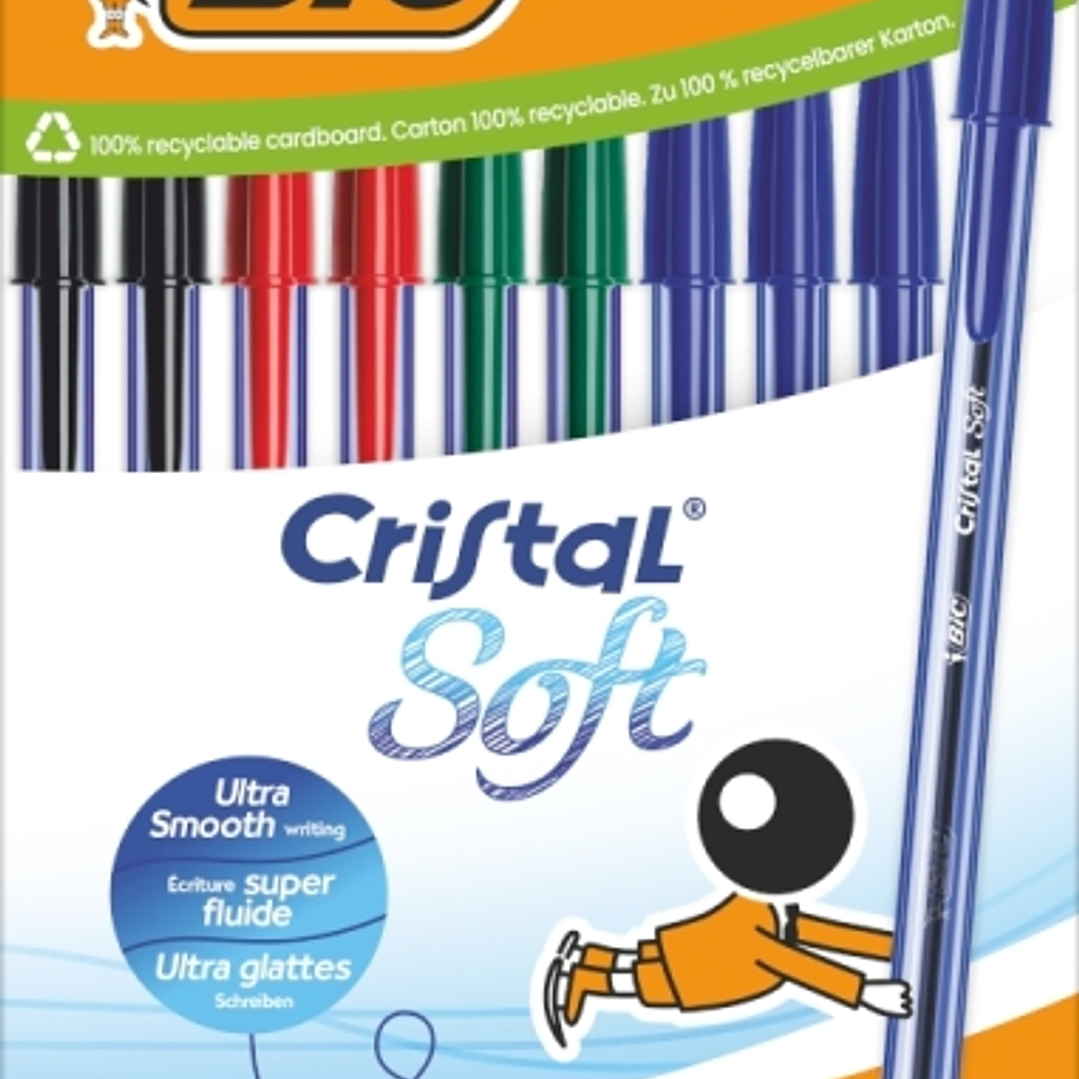Bic Cristal Soft Pack de 10 Boligrafos de Bola - Punta Media de 1.2mm - Trazo 0.45mm - Escritura mas Fluida - Colores Surtidos 1