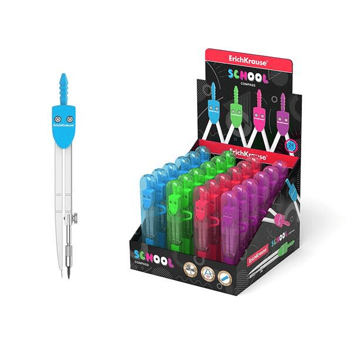 Erichkrause Compas de Metal School 120mm - Radio Maximo 18 cm - Estuche de Plastico con Regla Incluida - Colores Neon - Caja de Plastico con Colgador 1