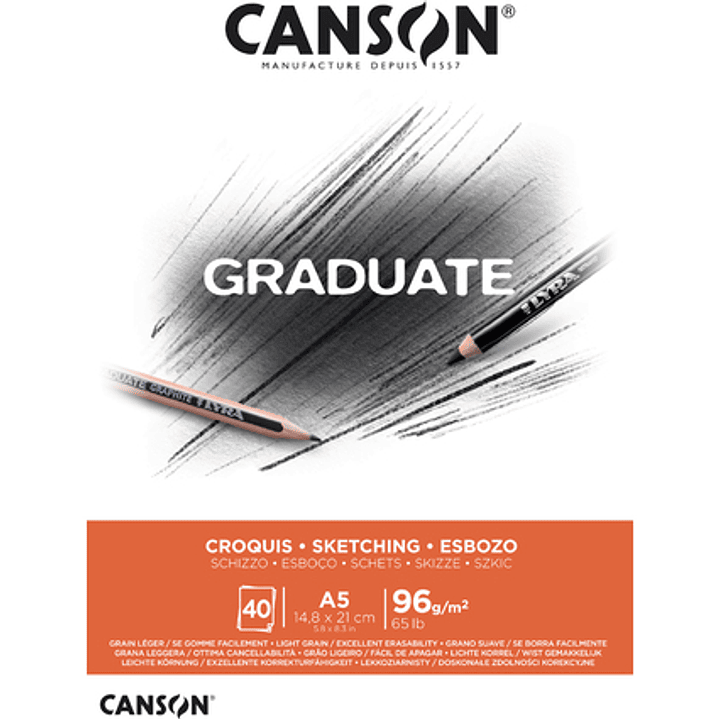 Canson Graduate Sketch Bloc Encolado de 40 Hojas A5 - 96g - Grano Fino - Color Blanco 1